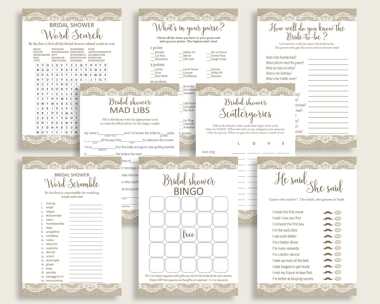 Games Bridal Shower Games Burlap And Lace Bridal Shower Games Bridal Shower Burlap And Lace Games Brown White party décor prints NR0BX