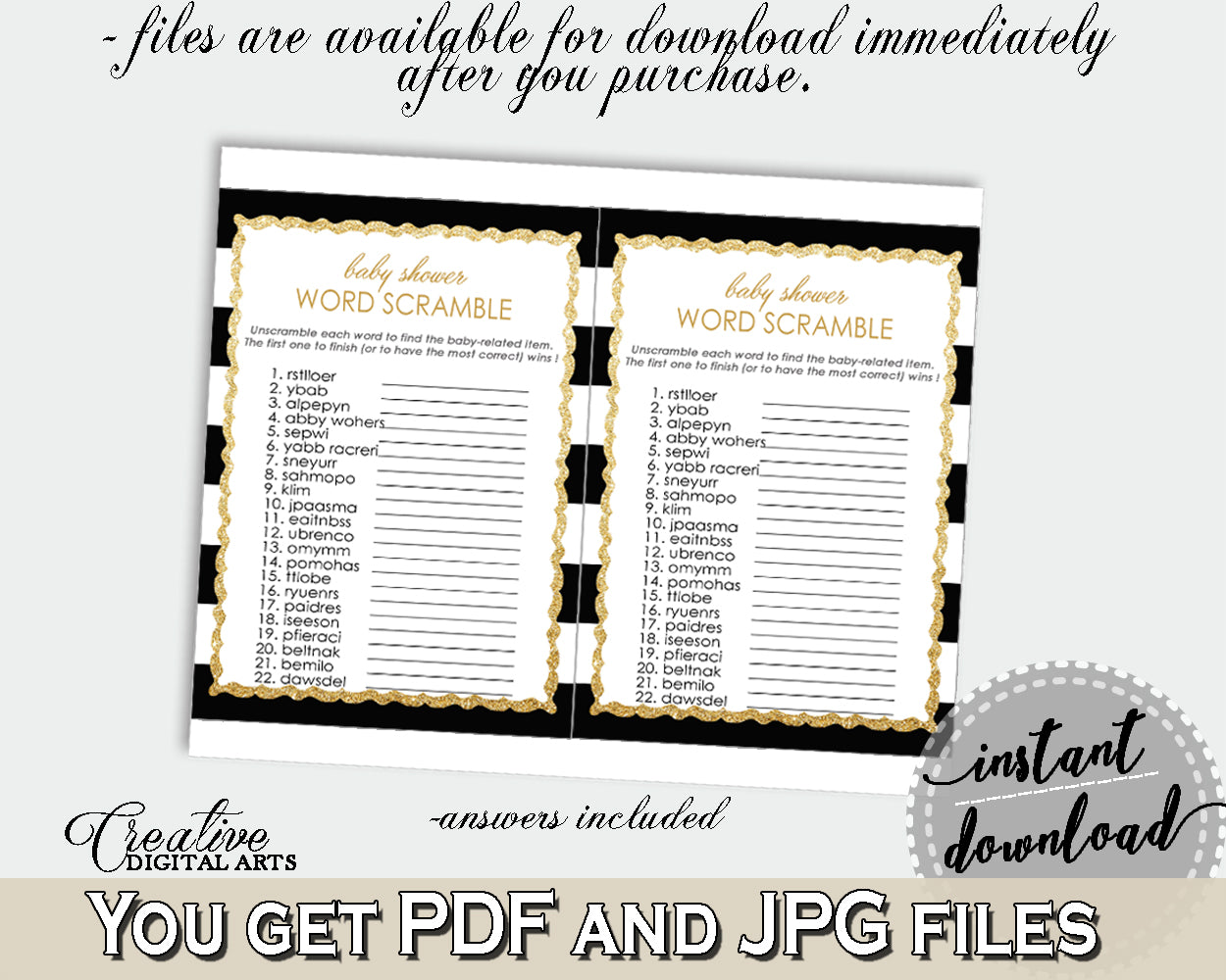 WORD SCRAMBLE baby shower game with black stripes color theme printable, gold glitter, digital files jpg pdf, instant download - bs001
