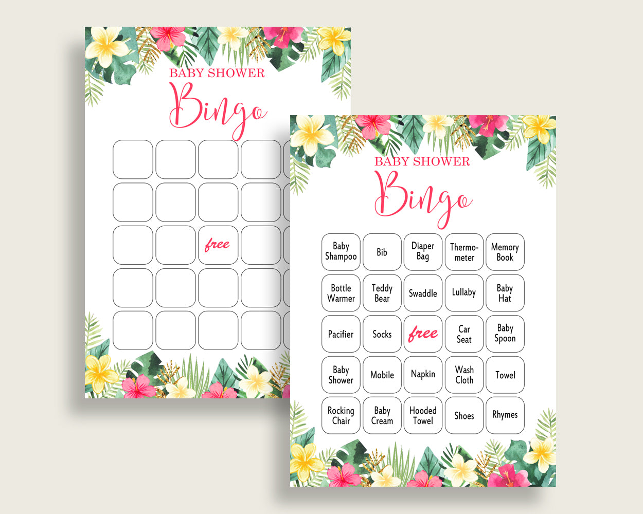 Hawaiian Baby Shower Bingo Cards Printable, Pink Green Baby Shower Girl, 60 Prefilled Bingo Game Cards, Tropical Flowers Palm Leaves 955MG