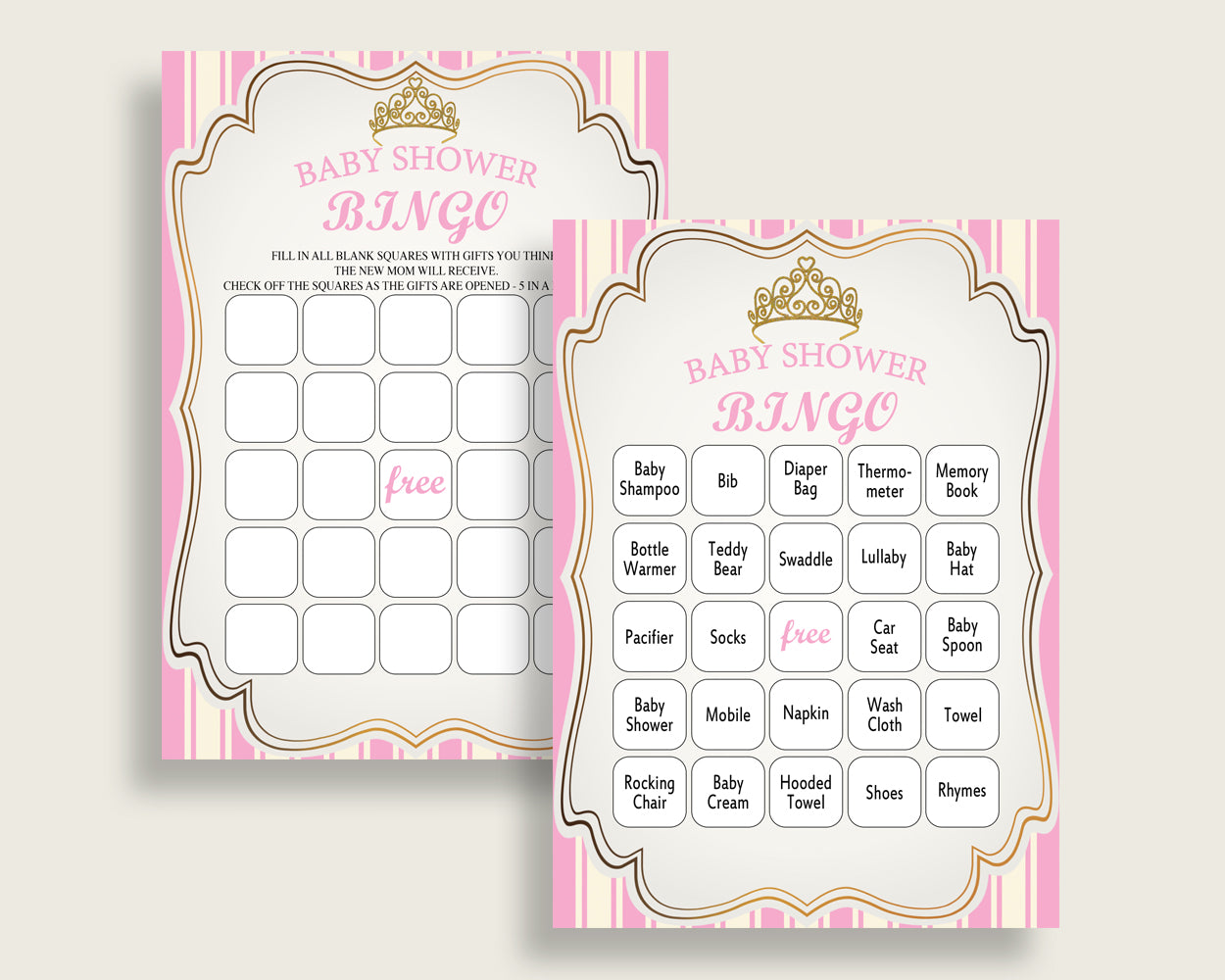 Royal Princess Baby Shower Bingo Cards Printable, Pink Gold Baby Shower Girl, 60 Prefilled Bingo Game Cards, Tiara Crown Gold rp002