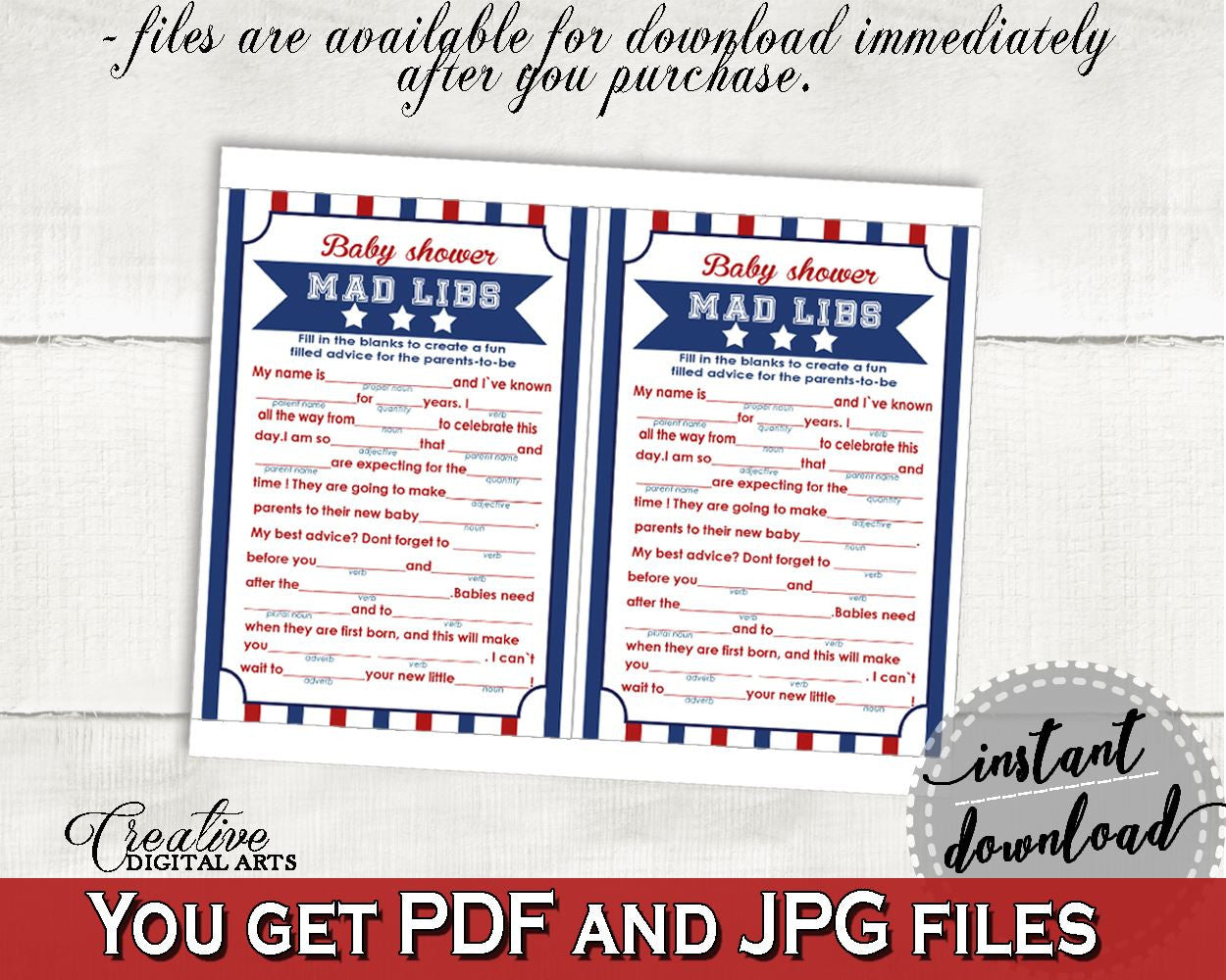 Mad Libs Baby Shower Mad Libs Baseball Baby Shower Mad Libs Baby Shower Baseball Mad Libs Blue Red paper supplies - YKN4H - Digital Product