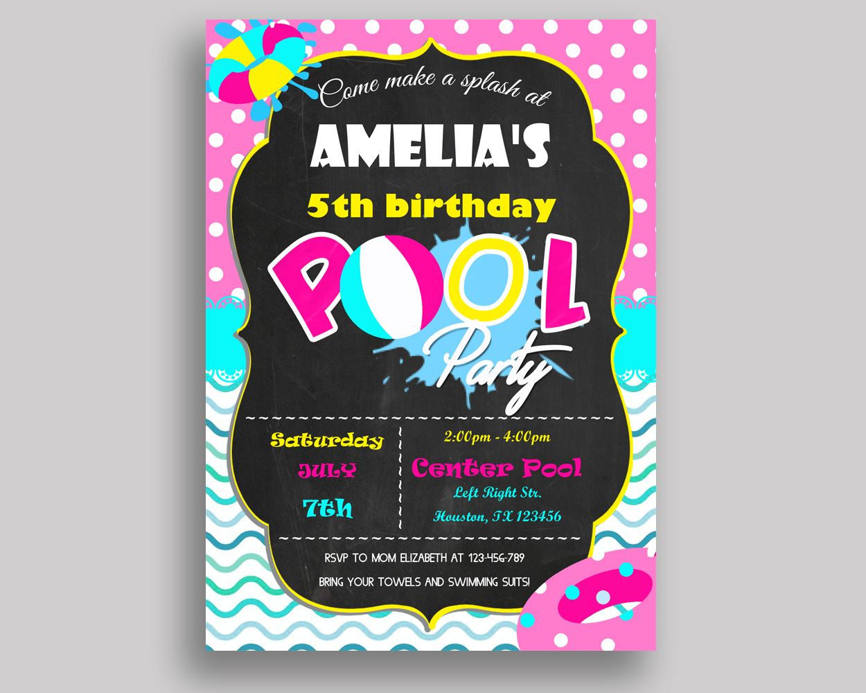 Pool Party Birthday Invitation Pool Party Birthday Party Invitation Pool Party Birthday Party Pool Party Invitation Girl chalkboard KDN9K - Digital Product