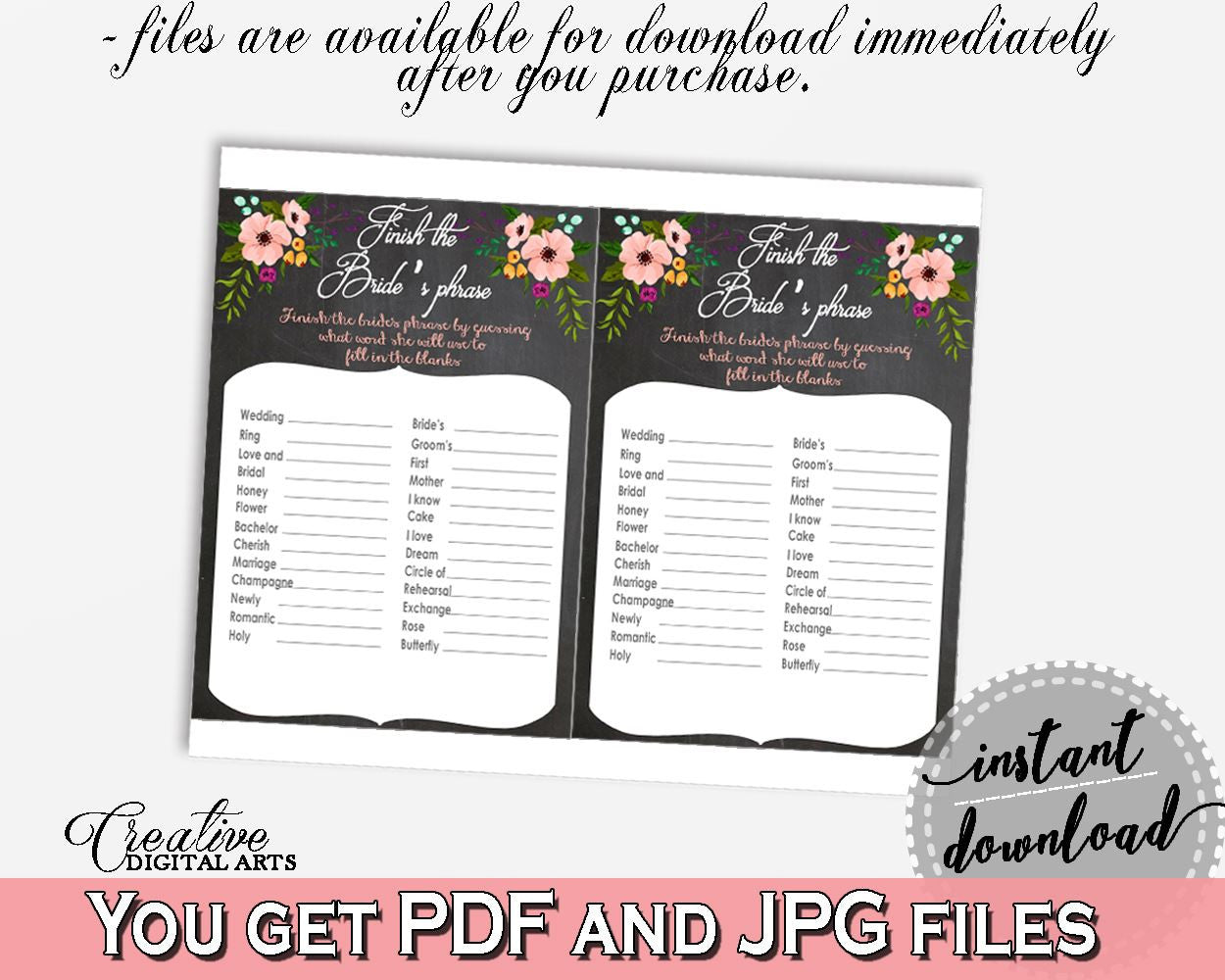 Finish The Bride's Phrase Game in Chalkboard Flowers Bridal Shower Black And Pink Theme, finalize the phrase, party plan, prints - RBZRX - Digital Product