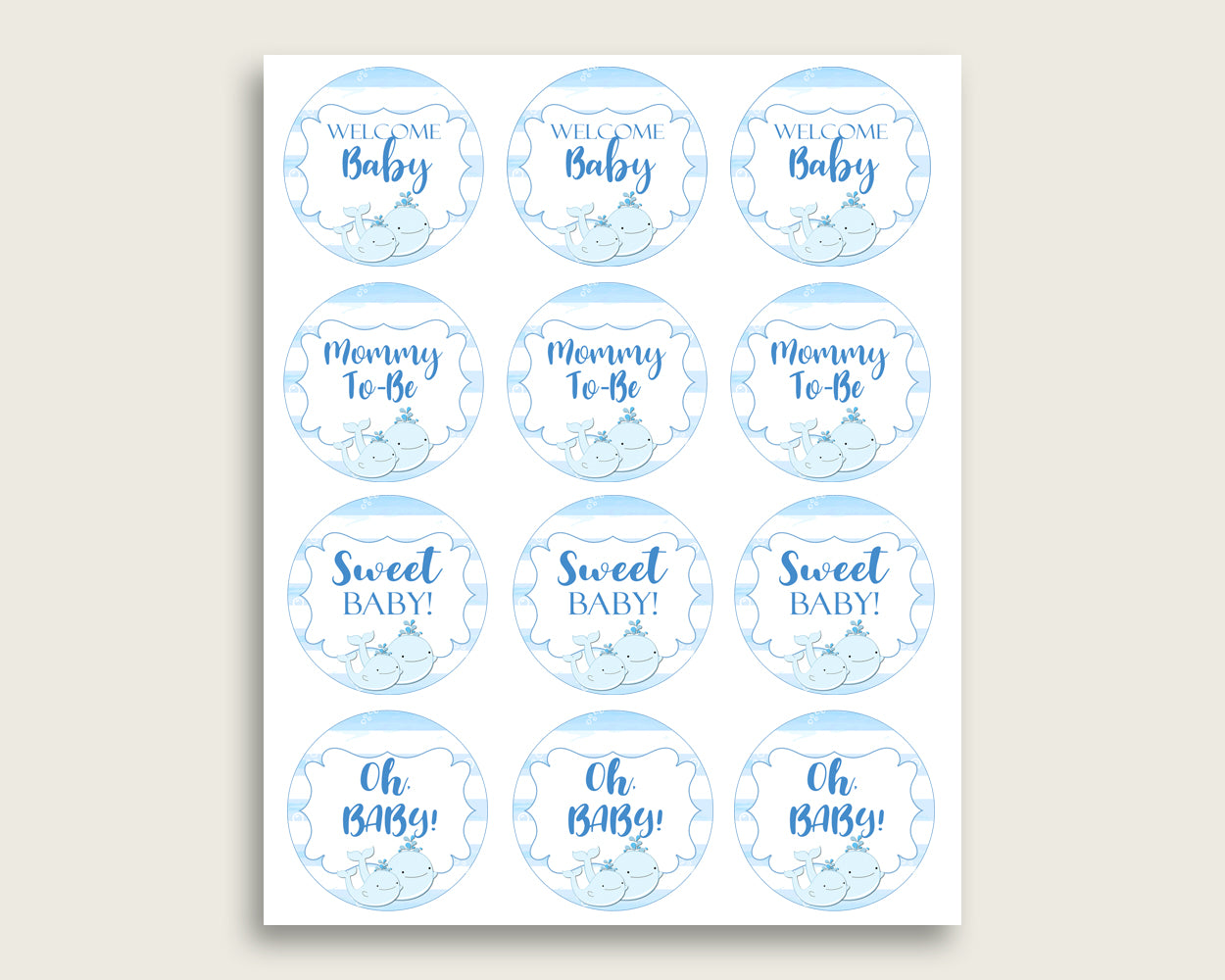 Whale Cupcake Toppers, Blue White Cupcake Wrappers, Toppers Wrappers Baby Shower Boy, Instant Download, Summer Popular Theme wbl01