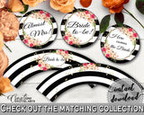 Flower Bouquet Black Stripes Bridal Shower Cupcake Toppers And Wrappers in Black And Gold, cupcake decor, party décor, party ideas - QMK20 - Digital Product