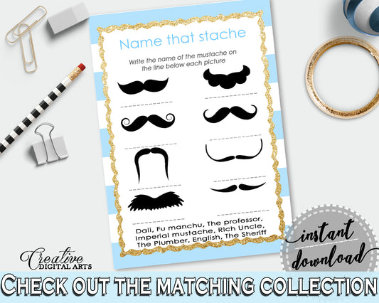 Name That Stache Baby Shower Name That Stache Blue Stripes Baby Shower Name That Stache Blue Gold Baby Shower Blue Stripes Name That bs002