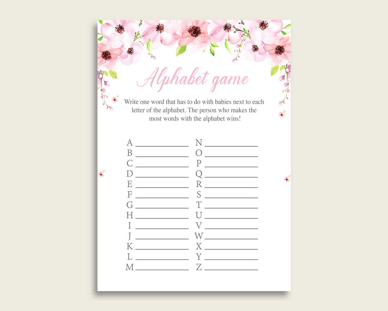 Pink Green Alphabet Baby Shower Girl Game, Flower Blush A-Z Guessing Baby Game Printable, ABC's Baby Item Name Game, Instant Download, VH1KL