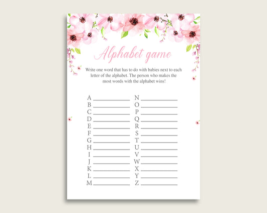 Pink Green Alphabet Baby Shower Girl Game, Flower Blush A-Z Guessing Baby Game Printable, ABC's Baby Item Name Game, Instant Download, VH1KL