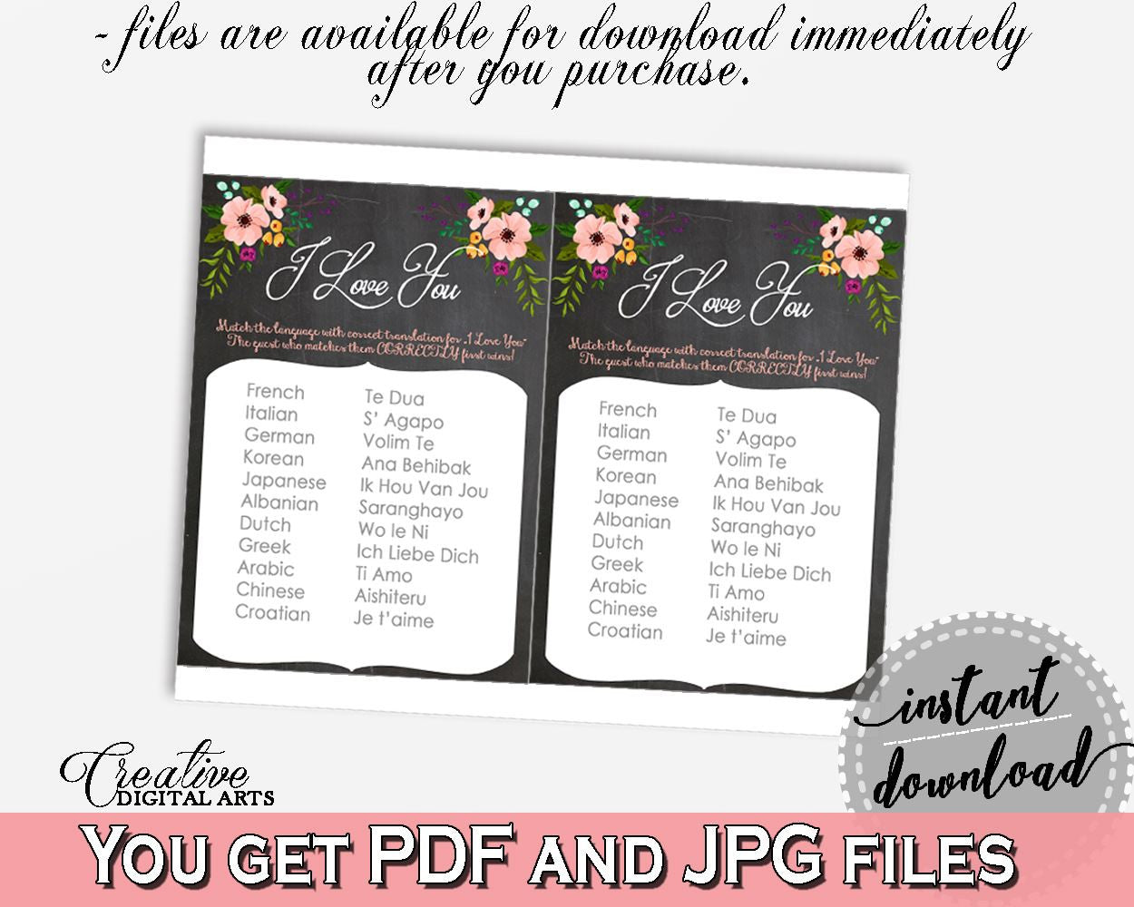 I Love You Game in Chalkboard Flowers Bridal Shower Black And Pink Theme, saying game, chalk floral bridal, party planning, prints - RBZRX - Digital Product