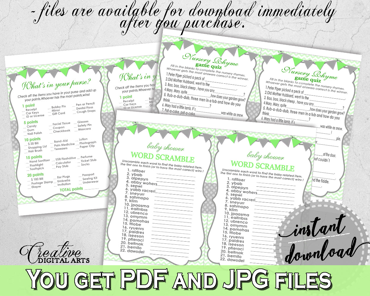 Green Baby Shower games package bundle printable with chevron green theme, 8 games pack, jpg and pdf - Instant Download - cgr01