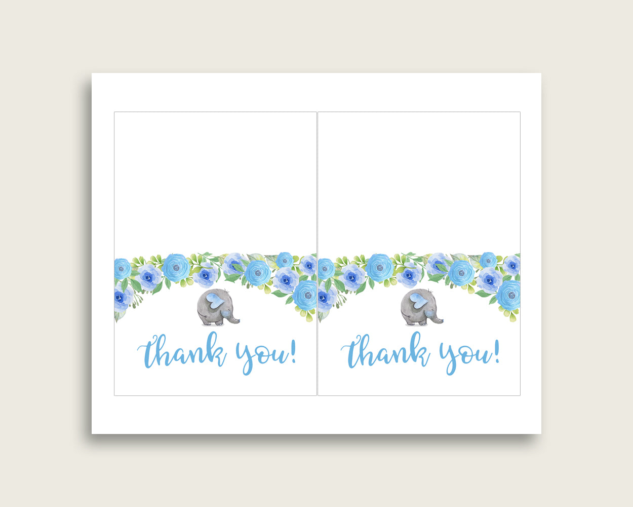 Blue Gray Thank You Cards Printable, Elephant Blue Baby Shower Thank You Notes, Boy Shower Thank You Folded, Instant Download, Flowers ebl01