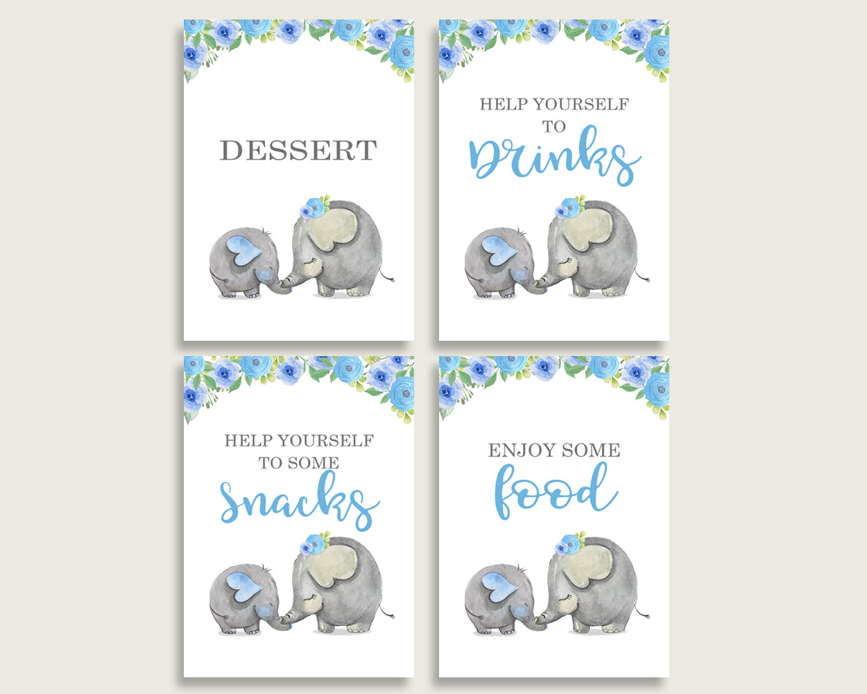 Elephant Blue Baby Shower Boy Table Signs Printable, Blue Gray Party Table Decor, Favors, Food, Drink, Treat, Guest Book, Instant ebl01