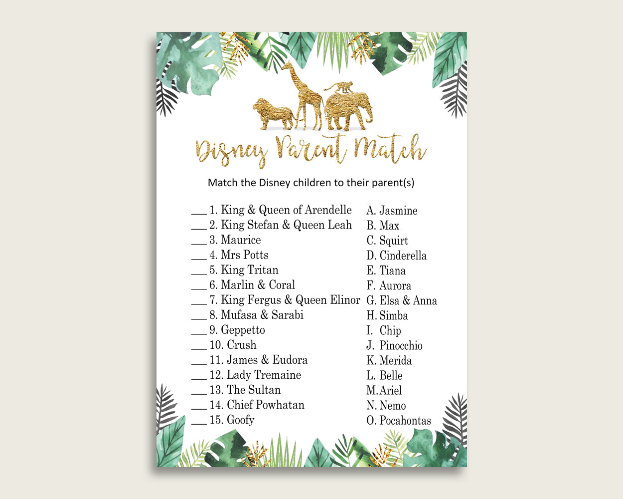 Jungle Disney Parent Match Game, Gender Neutral Baby Shower Game, Gold Green Match The Disney Parents Printable, Instant Download, EJRED