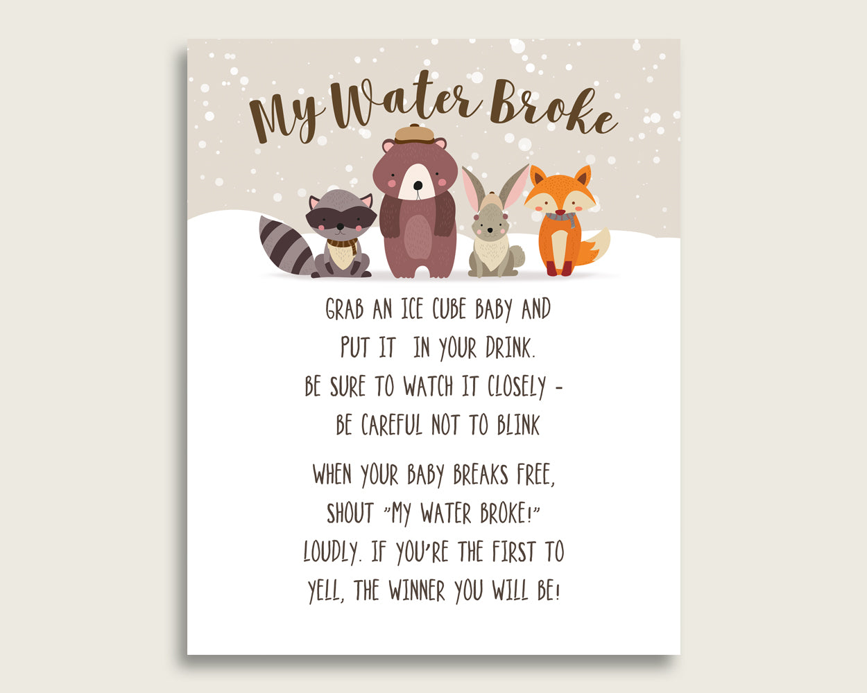 Winter Woodland Baby Shower My Water Broke Game Printable, Beige Brown Ice Cube Babies Game, Gender Neutral Baby Shower Frozen Babies RM4SN