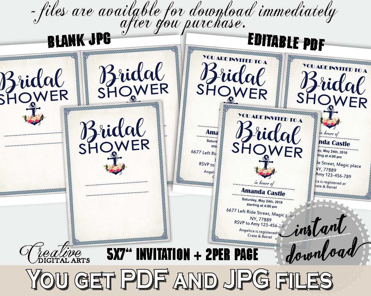 Navy Blue Nautical Anchor Flowers Bridal Shower Theme: Editable Bridal Shower Invitation - attending, sail boat theme, party plan - 87BSZ - Digital Product