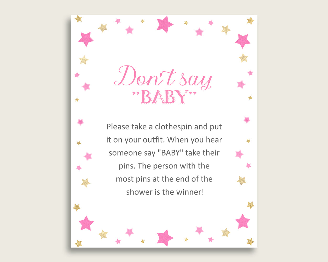 Pink Gold Don't Say Baby Printable Game, Girl Baby Shower Twinkle Star Game Sign, Instant Download, 8x10, Most Popular Cute Stars bsg01