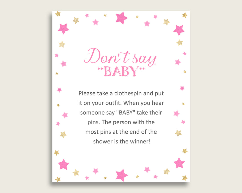 Pink Gold Don't Say Baby Printable Game, Girl Baby Shower Twinkle Star Game Sign, Instant Download, 8x10, Most Popular Cute Stars bsg01