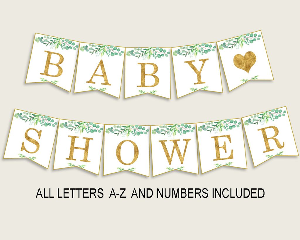 Greenery Baby Shower Banner All Letters, Birthday Party Banner Printable A-Z, Green Gold Banner Decoration Letters Gender Neutral, Y8X33