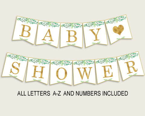 Greenery Baby Shower Banner All Letters, Birthday Party Banner Printable A-Z, Green Gold Banner Decoration Letters Gender Neutral, Y8X33