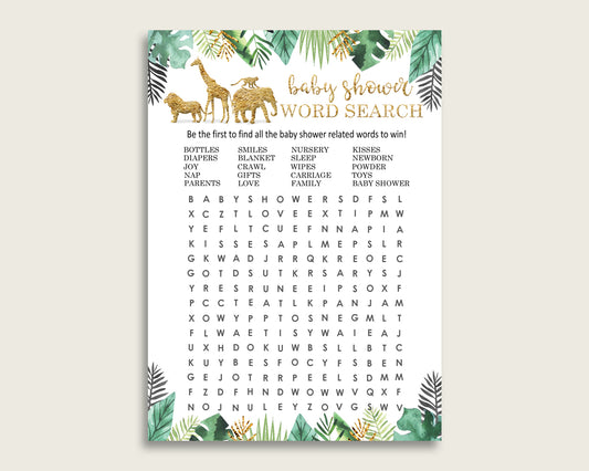 Jungle Word Search Game, Gold Green Baby Shower Word Search Cards Printable, Gender Neutral Baby Shower Activities, Hidden Words EJRED