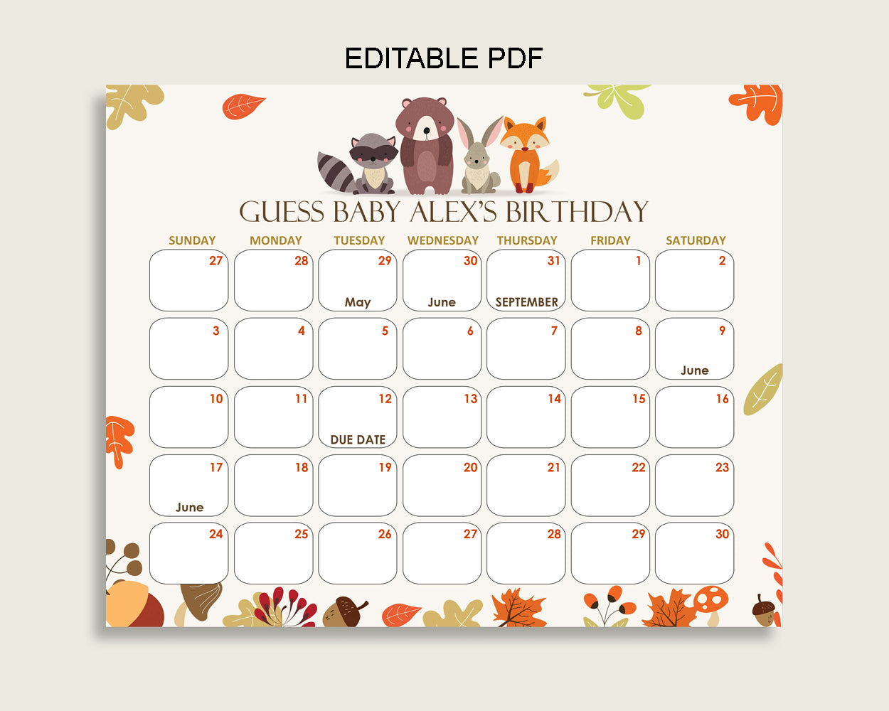 Brown Beige Guess Baby Due Date Calendar Game Printable, Woodland Baby Shower Gender Neutral Birthday Prediction Calendar Editable w0001