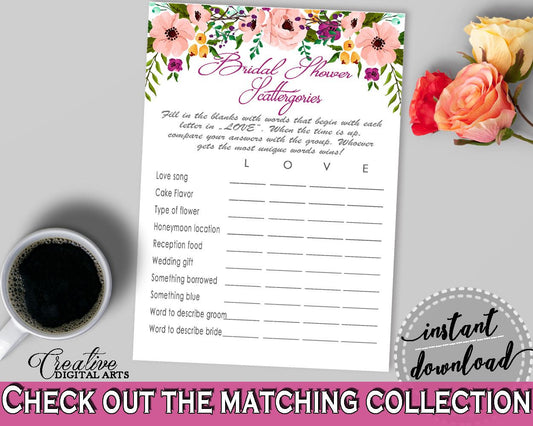 Scattergories Game in Watercolor Flowers Bridal Shower White And Pink Theme, burgundy game, flowers theme, party plan, party stuff - 9GOY4 - Digital Product