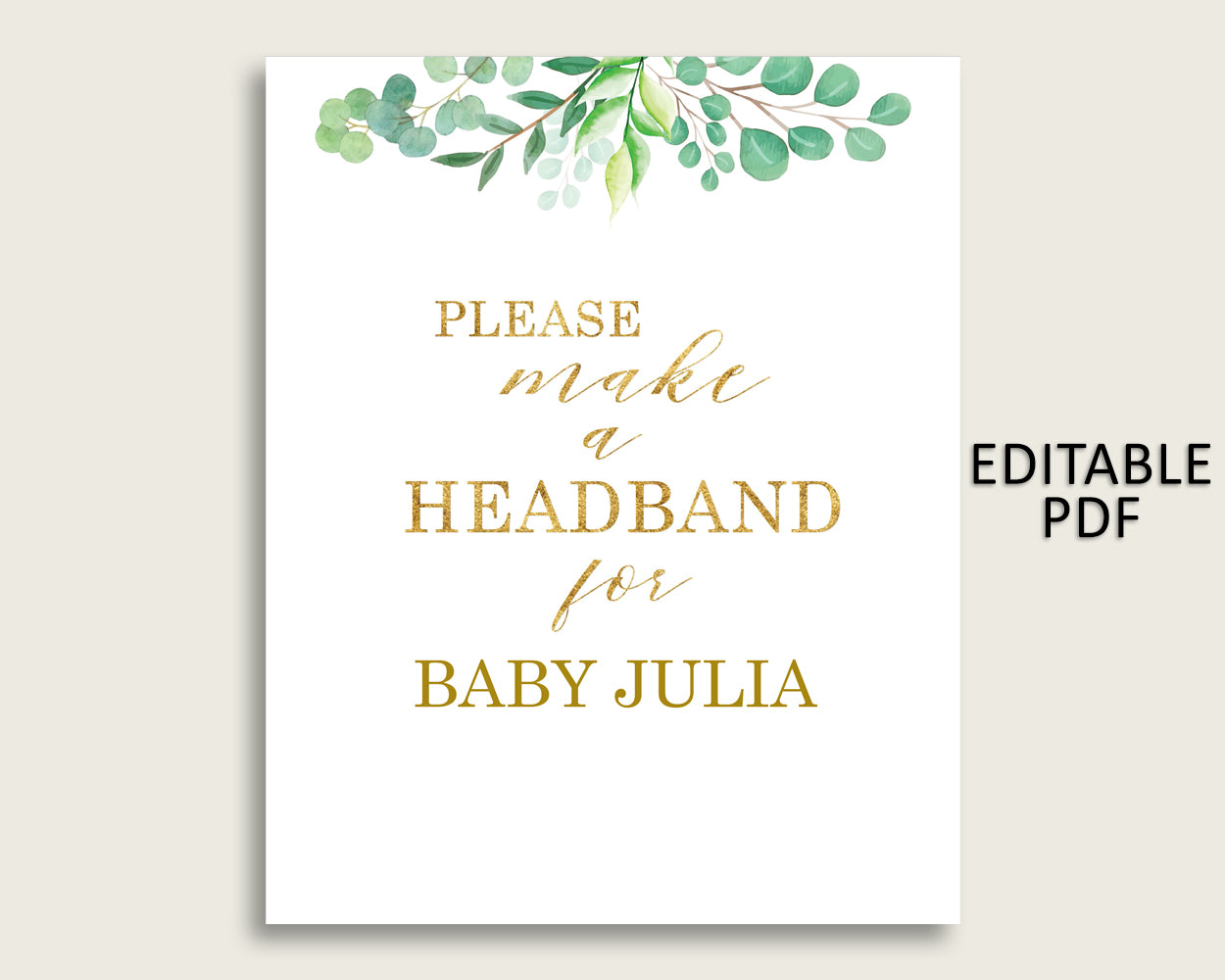 Greenery Baby Shower Headband Sign, Green Gold Headband Station Sign Editable, Gender Neutral Shower Headband For Baby, Instant Y8X33