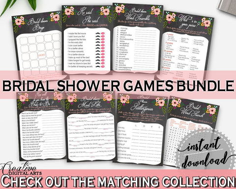 Games Bundle in Chalkboard Flowers Bridal Shower Black And Pink Theme, mad libs, chalk flowers shower, party stuff, party decor - RBZRX - Digital Product