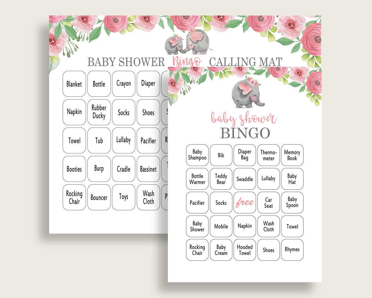 Pink Elephant Baby Shower Bingo Cards Printable, Pink Grey Baby Shower Girl, 60 Prefilled Bingo Game Cards, Mammoth Safari Theme ep001