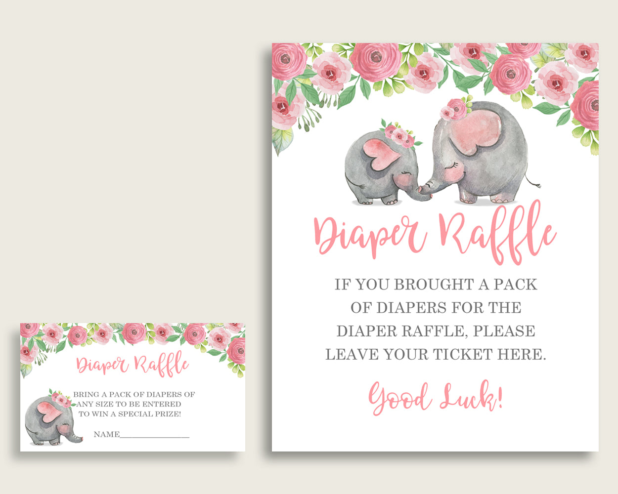 Pink Elephant Baby Shower Diaper Raffle Tickets Game, Girl Pink Grey Diaper Raffle Card Insert and Sign Printable, Instant Download ep001