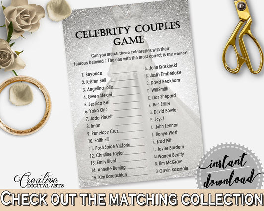 Silver And White Silver Wedding Dress Bridal Shower Theme: Celebrity Couples Game - matching name game, bridal dress, pdf jpg - C0CS5 - Digital Product