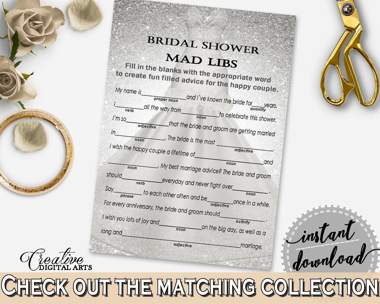 Silver Wedding Dress Bridal Shower Mad Libs Game in Silver And White, adjective, pretty bride theme, printable files, party theme - C0CS5 - Digital Product