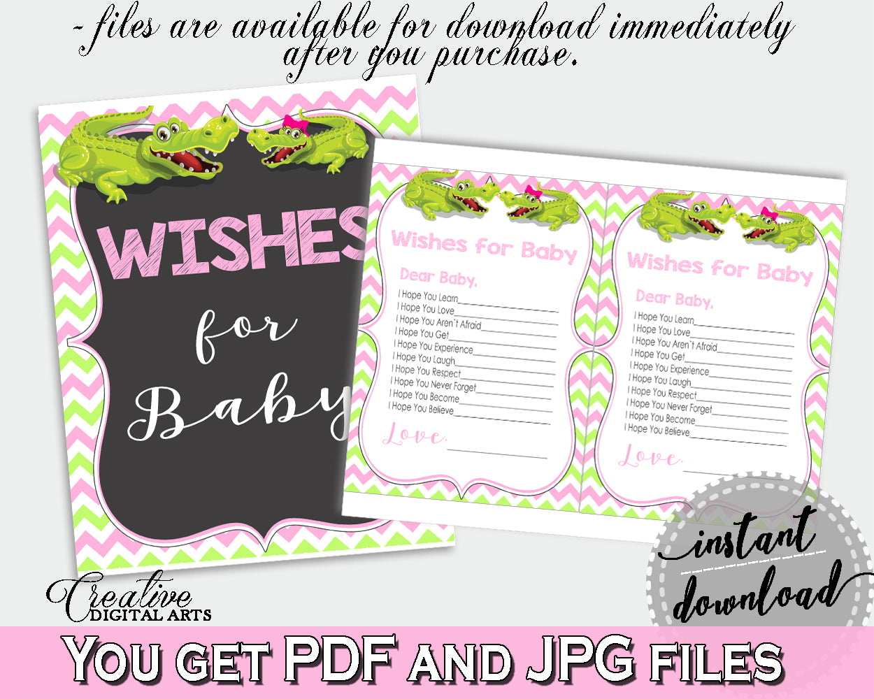 WISHES FOR BABY activity advice for baby shower with green alligator and pink color theme, instant download - ap001