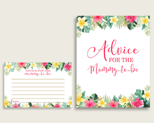 Hawaiian Advice For Mommy To Be Cards & Sign, Printable Baby Shower Pink Green Advice For New Parents, Instant Download, Luau Aloha 955MG