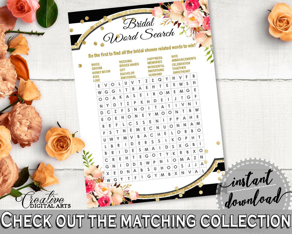 Black And Gold Flower Bouquet Black Stripes Bridal Shower Theme: Word Search - bridal shower words, digital print, party supplies - QMK20 - Digital Product