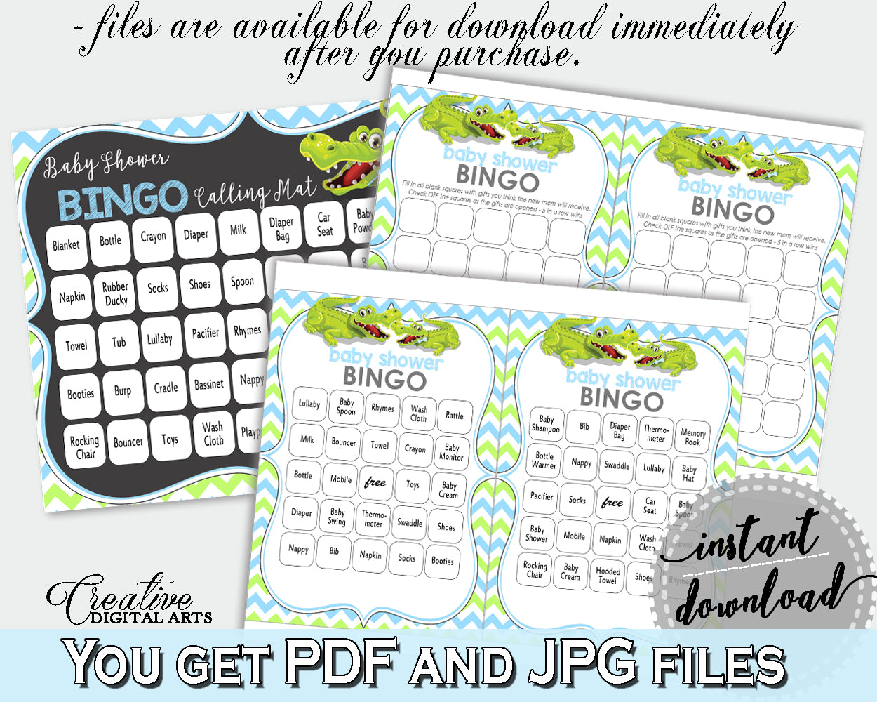 Baby Shower BINGO 60 cards game and empty gift BINGO cards with green alligator and blue color theme, instant download - ap002