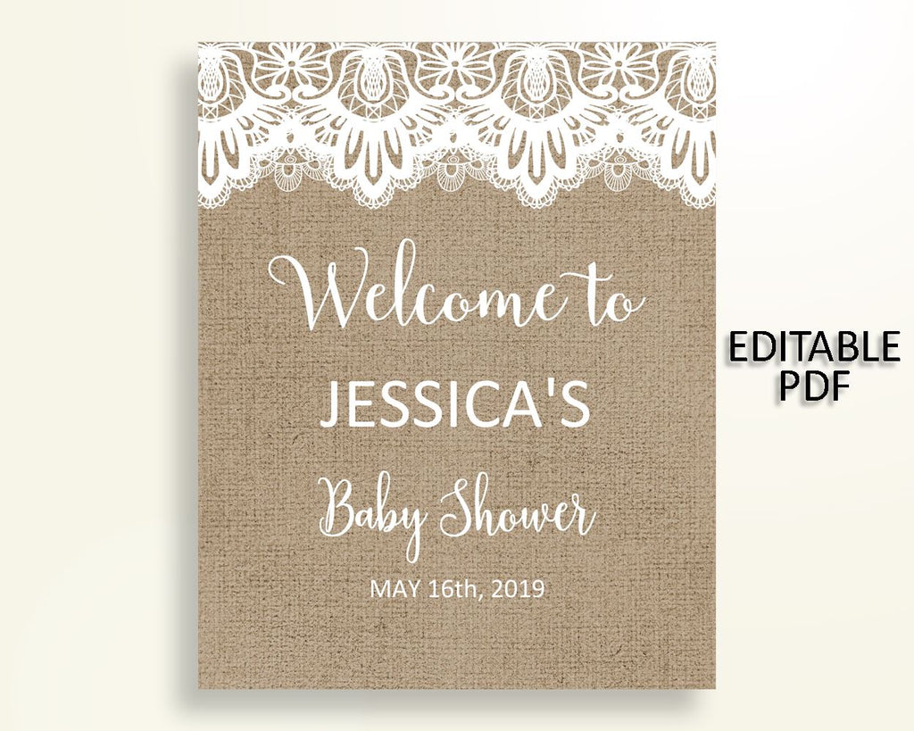 Welcome Sign Baby Shower Welcome Sign Burlap Lace Baby Shower Welcome Sign Baby Shower Burlap Lace Welcome Sign Brown White pdf jpg W1A9S - Digital Product