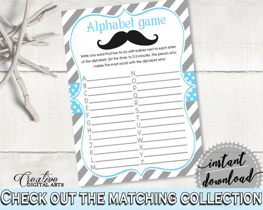 Blue And Gray Alphabet Game, Baby Shower Alphabet Game, Mustache Baby Shower Alphabet Game, Baby Shower Mustache Alphabet Game - 9P2QW - Digital Product