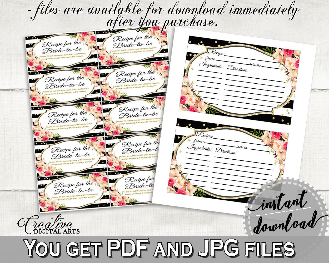 Flower Bouquet Black Stripes Bridal Shower Recipe For The Bride To Be in Black And Gold, print recipe card, party organizing - QMK20 - Digital Product