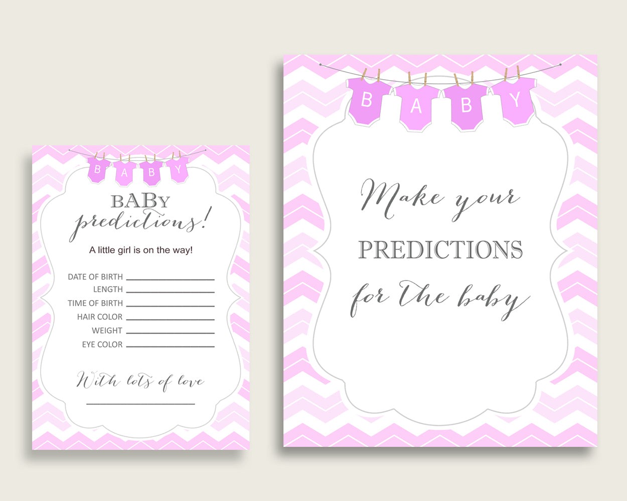 Chevron Baby Shower Prediction Cards & Sign Printable, Pink White Baby Prediction Game Girl, Instant Download, Light Pink Popular Zig cp001