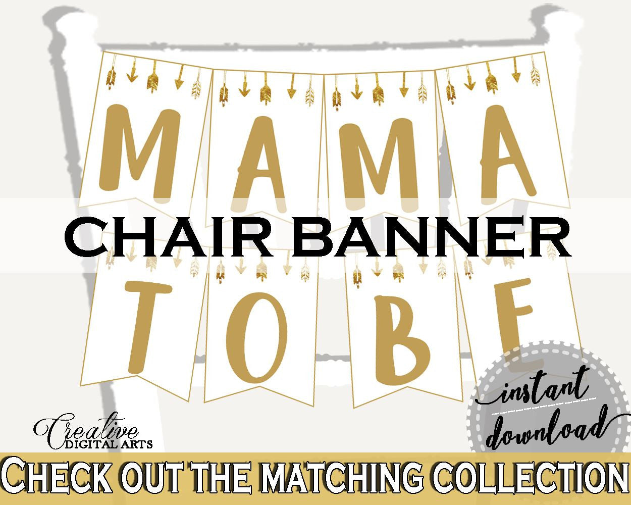 Chair Banner Baby Shower Chair Banner Gold Arrows Baby Shower Chair Banner Baby Shower Gold Arrows Chair Banner Gold White - I60OO - Digital Product