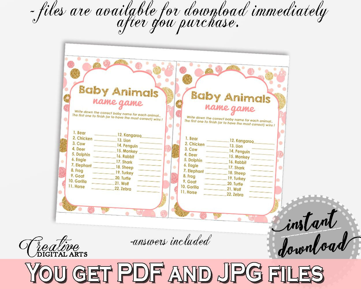 Baby Animal Names, Baby Shower Baby Animal Names, Dots Baby Shower Baby Animal Names, Baby Shower Dots Baby Animal Names Pink Gold RUK83 - Digital Product