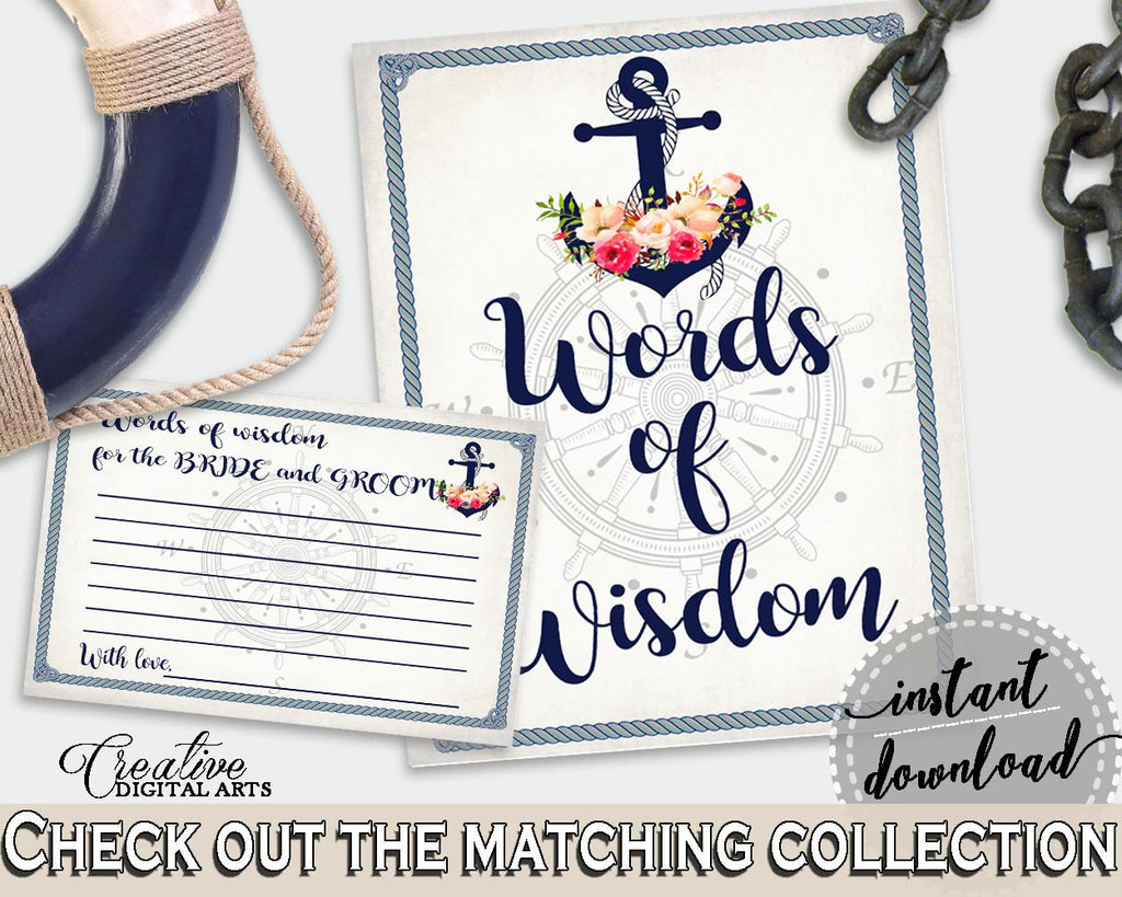 Words Of Wisdom For The Bride And Groom in Nautical Anchor Flowers Bridal Shower Navy Blue Theme, cards and sign, party planning - 87BSZ - Digital Product