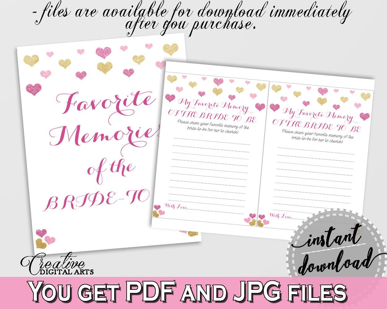 Glitter Hearts Bridal Shower Favorite Memories Of The Bride To Be in Gold And Pink, having fun,  purple and gold, prints, printables - WEE0X - Digital Product