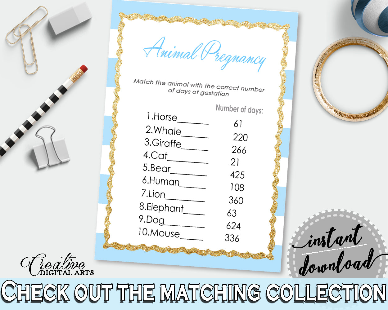 Baby Shower ANIMAL GESTATION printable game with blue and white stripes theme, glitter, digital files, Jpg Pdf, instant download - bs002