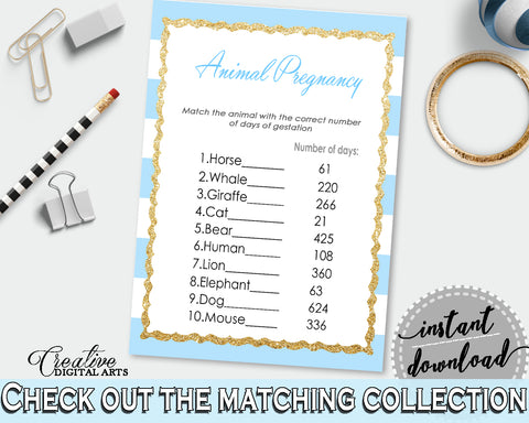Baby Shower ANIMAL GESTATION printable game with blue and white stripes theme, glitter, digital files, Jpg Pdf, instant download - bs002