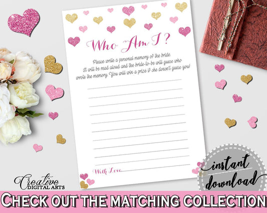 Who Am I Game in Glitter Hearts Bridal Shower Gold And Pink Theme, favorite memory,  hearts theme shower, party organization, prints - WEE0X - Digital Product