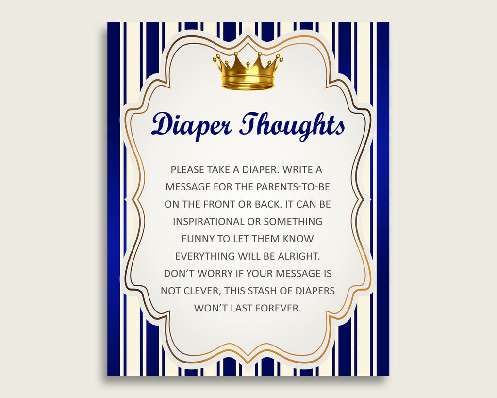 Royal Prince Baby Shower Diaper Thoughts Printable, Boy Blue Gold Late Night Diaper Sign, Words For Wee Hours, Write On Diaper Message rp001
