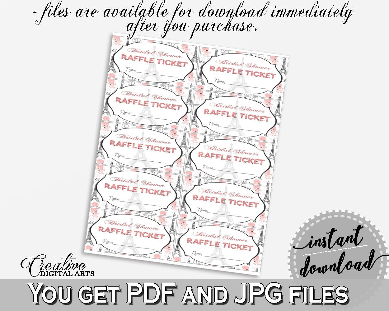 Paris Bridal Shower Raffle Ticket in Pink And Gray, multi purpose, parish bridal shower, party organizing, party organization - NJAL9 - Digital Product