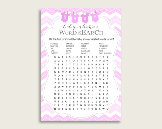 Chevron Word Search Game, Pink White Baby Shower Word Search Cards Printable, Girl Baby Shower Activities, Hidden Words, Instant cp001